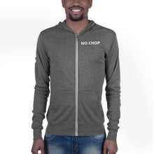 Load image into Gallery viewer, NO CHOP classic with words down right sleeve, light weight Unisex zip hoodie